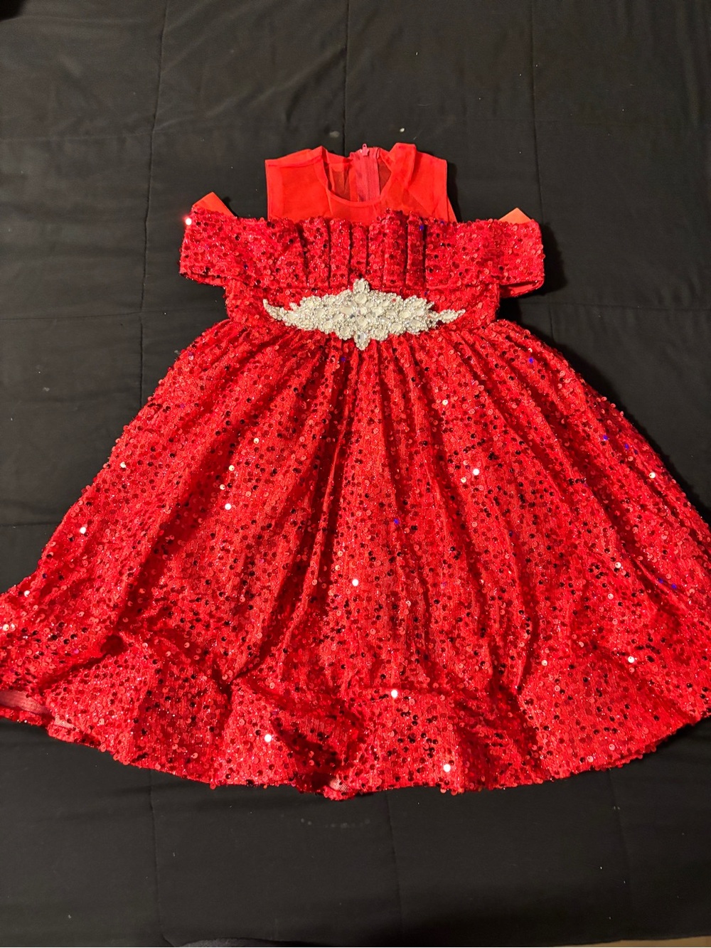 Red Sequin Off-Shoulder Party Dress with Rhinestone Waist